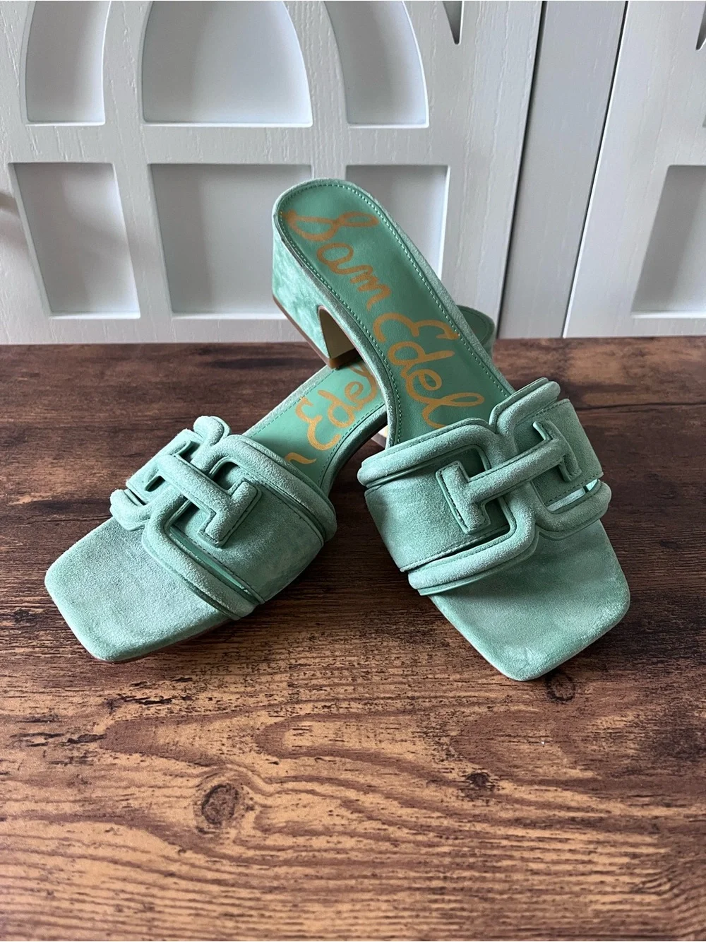 Sam Edelman 7.5 Waylon Garden Green Suede Block Heel Mules Slides Sandals - Picture 4 of 10